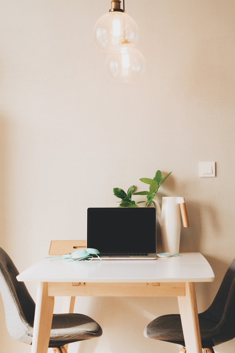 wall, light, bulb, nature, work, desk, table, chairs, furniture, computer, laptop, business, study, plant, headset